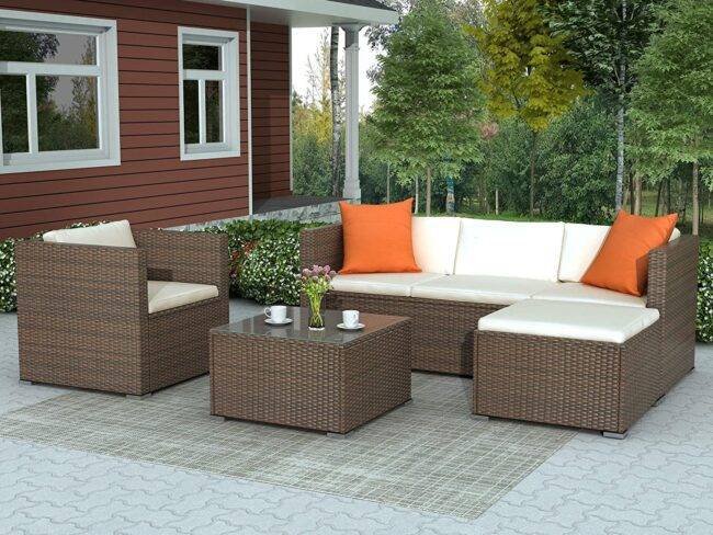 Outdoor Patio Sofa Set With Cushion and pillows: Dark brown & Cream