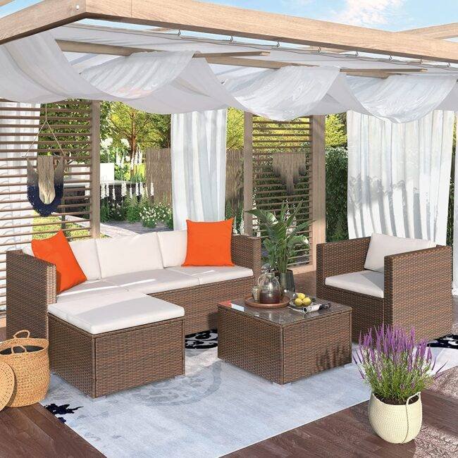 Outdoor Patio Sofa Set With Cushion and pillows: Dark brown & Cream - Image 3