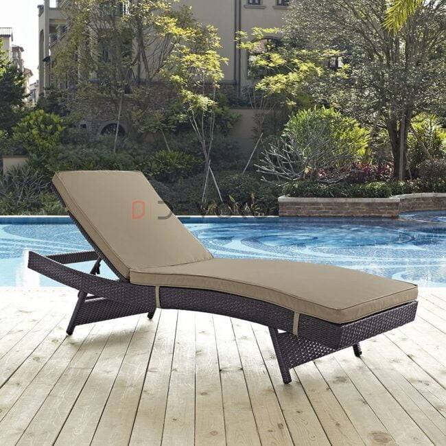 1 Pc Adjustable Rattan Wicker Chaise Lounge with Beige Cushion