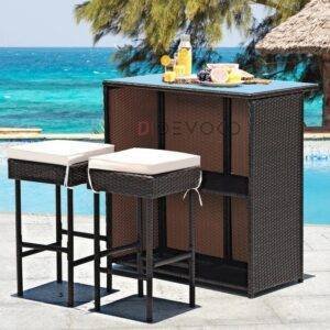 3-Piece Outdoor Rattan Wicker Patio Bar Set