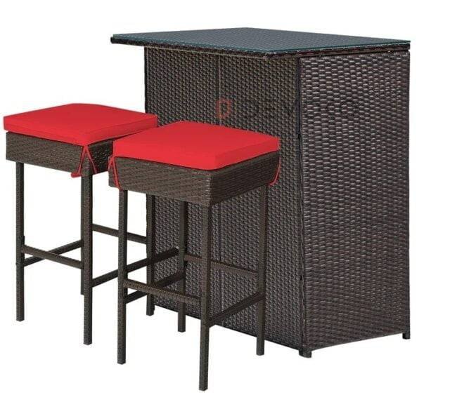 3-Piece Rattan Wicker Patio Bar Set with Cushioned Stools & Glass Table - Dark Brown & Red - Image 5