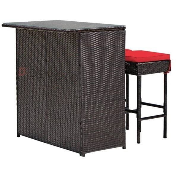 3-Piece Rattan Wicker Patio Bar Set with Cushioned Stools & Glass Table - Dark Brown & Red - Image 4