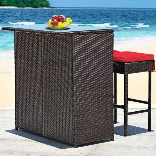 3-Piece Rattan Wicker Patio Bar Set with Cushioned Stools & Glass Table - Dark Brown & Red - Image 7