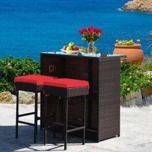 3-Piece Rattan Wicker Patio Bar Set with Cushioned Stools & Glass Table - Dark Brown & Red