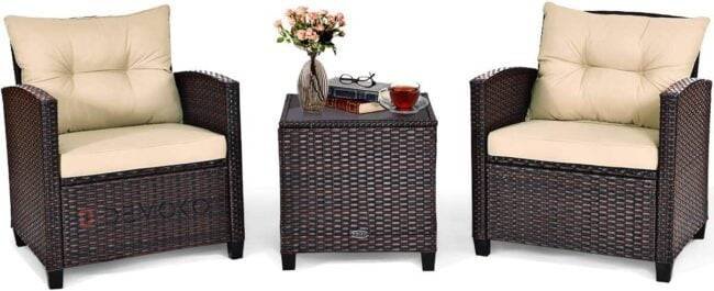 3-Piece Rattan Patio Furniture Set: Cream & Dark Brown - Image 3