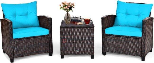 3-Piece Rattan Patio Sofa Set: Skyblue & Darkbrown - Image 3