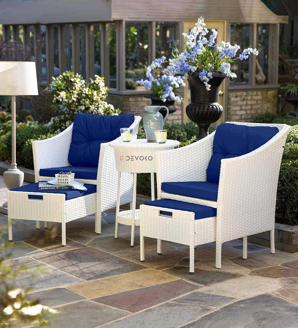 5-Piece Rattan Wicker Patio Furniture Set (White & Royal Blue)