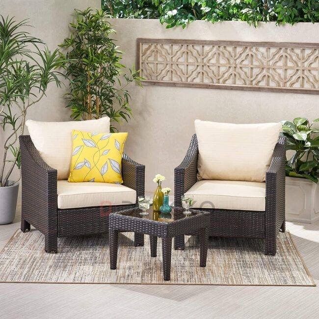 3-Piece Patio Bistro Conversation Set: Cream Cushion, Dark Brown Wicker