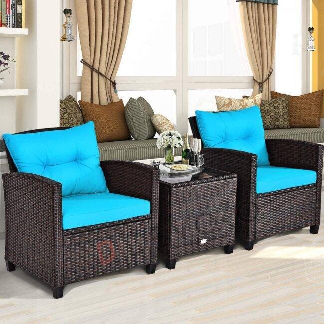 3-Piece Rattan Patio Sofa Set: Skyblue & Darkbrown - Image 5