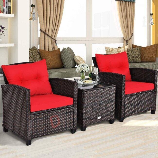 3-Piece Rattan & Wicker Patio Furniture Set: Red & Dark Brown
