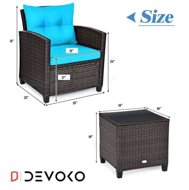 3-Piece Rattan Patio Sofa Set: Skyblue & Darkbrown - Image 2