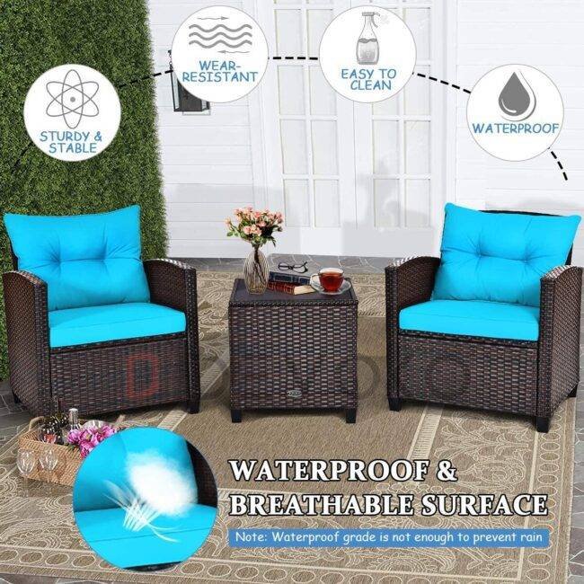 3-Piece Rattan Patio Sofa Set: Skyblue & Darkbrown - Image 6