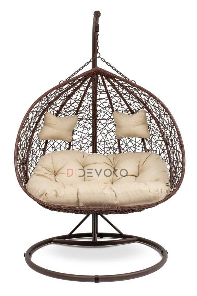 Double Seater Rattan & Wicker Swing (Brown & Cream) - Image 3