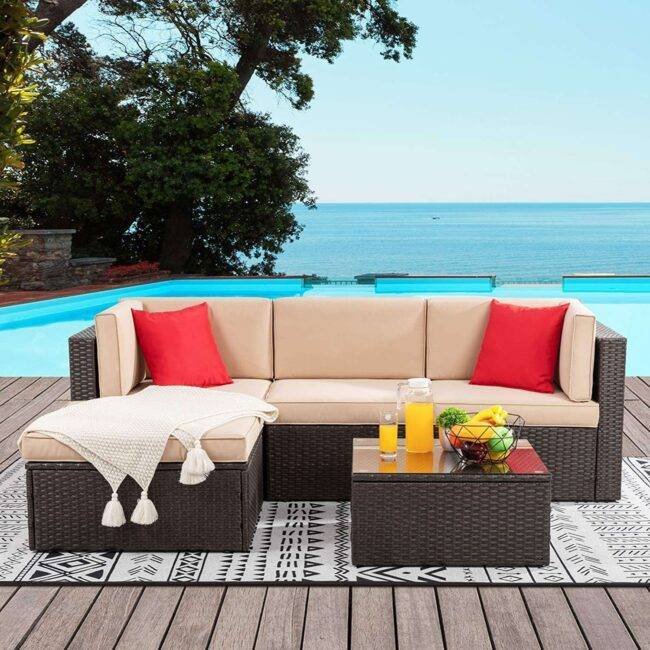 3-piece Outdoor Patio Furniture Set: All-Weather Rattan Sofa Set (Dark Brown & Cream) - Image 5
