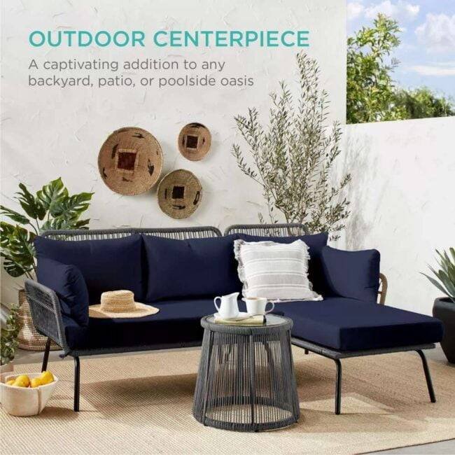 DEVOKO L-Shaped Outdoor Sofa Set with Rope Woven Design - Grey & Navy-blue - Image 5