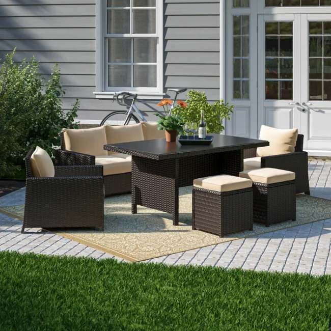 Devoko 6pc Outdoor Wicker Sofa Set - Dark Brown & Cream