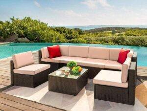 Outdoor Rattan Sofa Set - Dark Brown & Cream