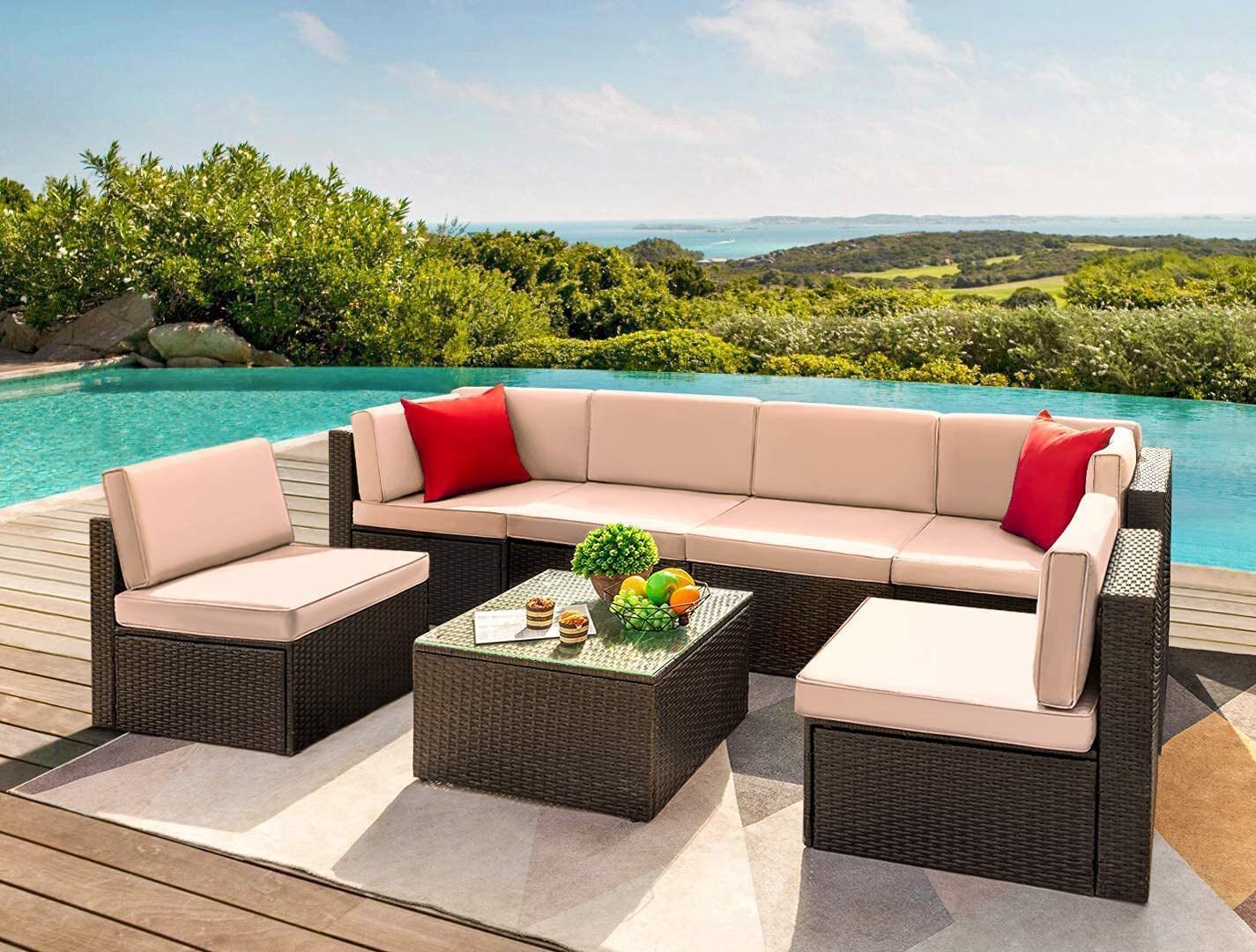 Outdoor Rattan Sofa Set - Dark Brown & Cream