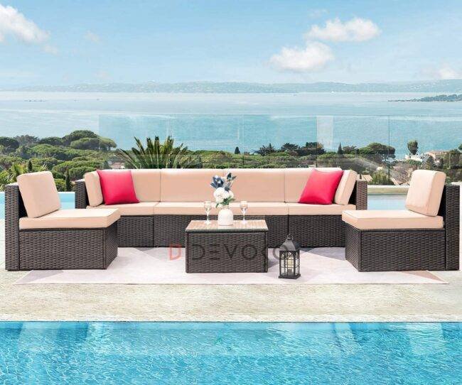 Outdoor Rattan Sofa Set - Dark Brown & Cream - Image 4