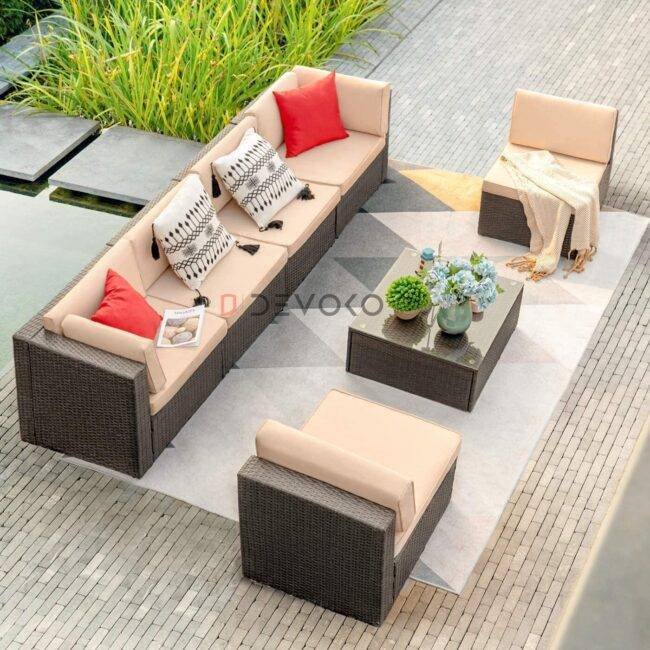 Outdoor Rattan Sofa Set - Dark Brown & Cream - Image 3