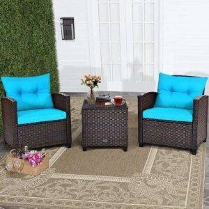 3-Piece Rattan Patio Sofa Set: Skyblue & Darkbrown