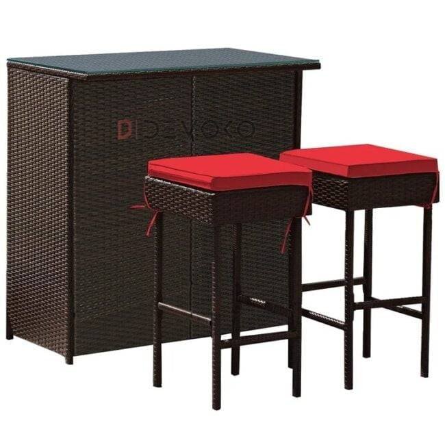 3-Piece Rattan Wicker Patio Bar Set with Cushioned Stools & Glass Table - Dark Brown & Red - Image 3