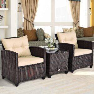3-Piece Rattan Patio Furniture Set: Cream & Dark Brown