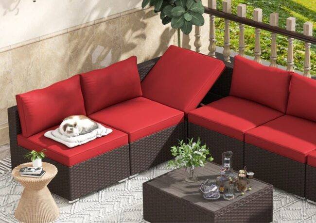 DEVOKO Outdoor Sectional Furniture 3 Piece (Dark Brown & Red) - Image 4