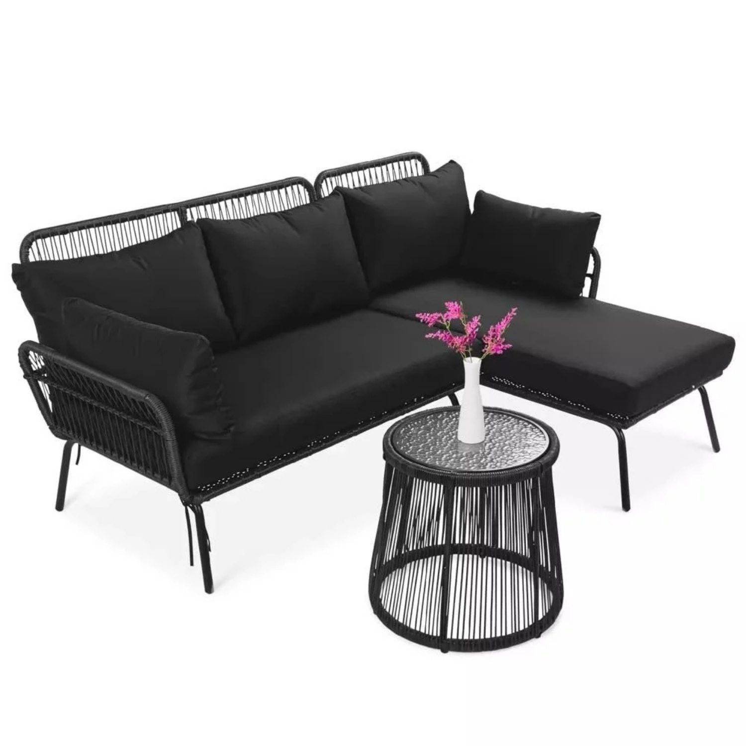 Devoko L-Shaped Patio Conversation Sofa Set with Thick Cushions & Side Table (Black)