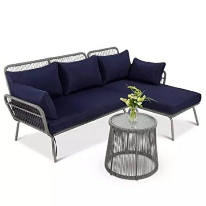 DEVOKO L-Shaped Outdoor Sofa Set with Rope Woven Design - Grey & Navy-blue