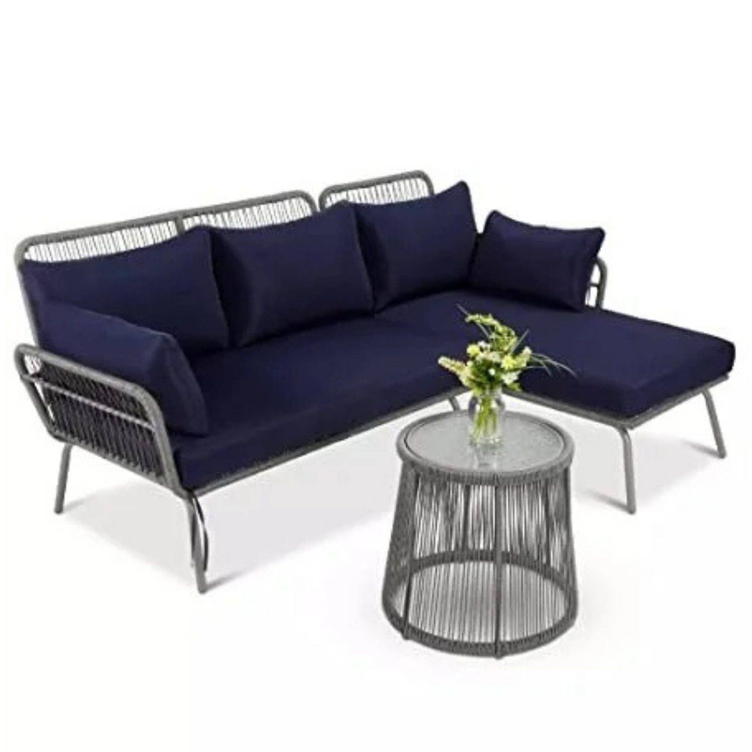 DEVOKO L-Shaped Outdoor Sofa Set with Rope Woven Design - Grey & Navy-blue