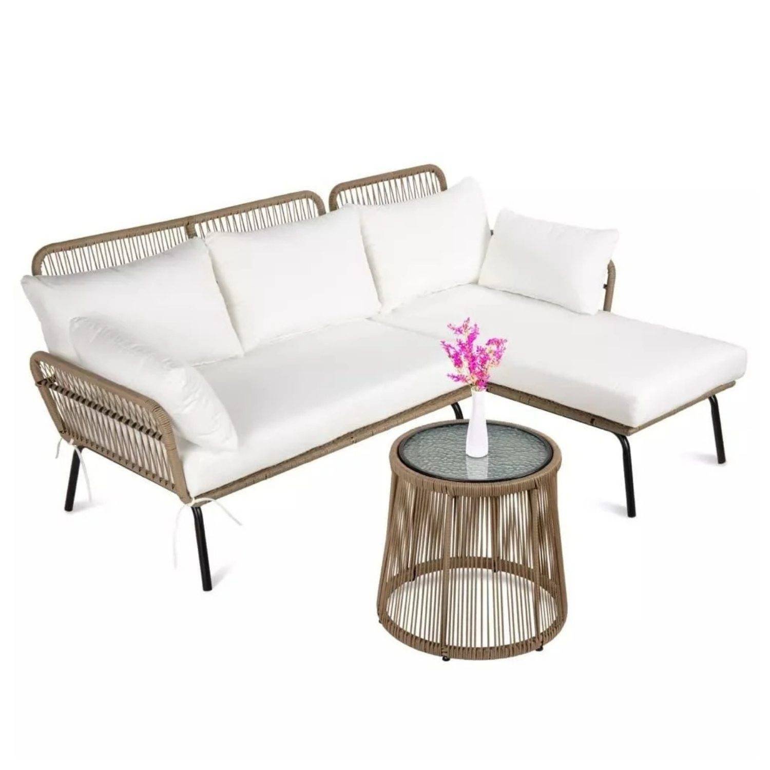 DEVOKO L-Shaped Outdoor Conversation Sofa Set with Cushions & Side Table (Beige/White)