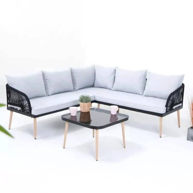 DEVOKO L-Shaped Outdoor Conversation Sofa Set with Rope Woven Design, Cushions, and Side Table (Black/White)