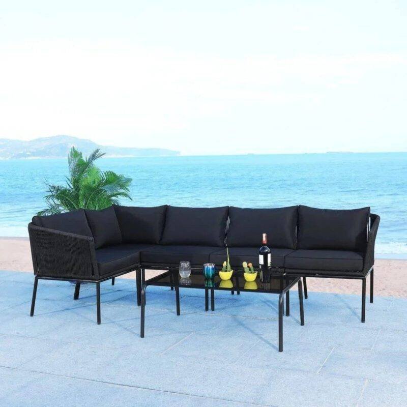 DEVOKO Rope L Shape Sofa Set 3-Pcs (Black)