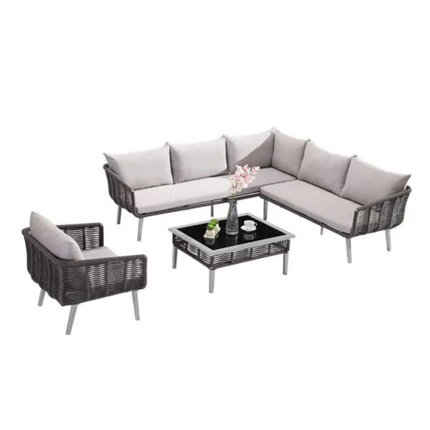 DEVOKO Rope L Shape Sofa Set 4-Pcs (Brown/Off-White)