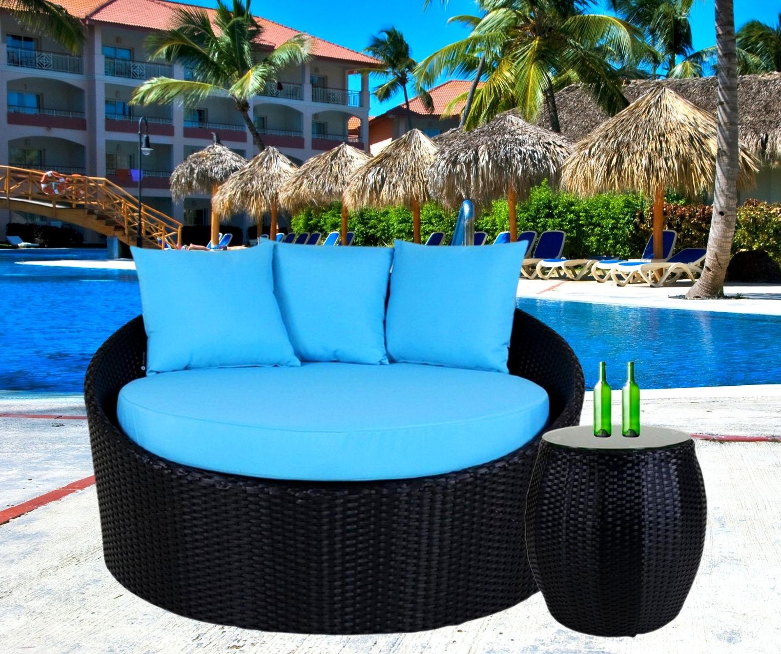 Outdoor Cushion(Sky Blue) and Wicker(Black) Daybed Set