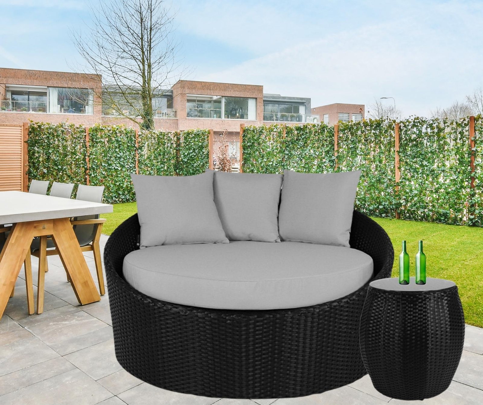 Outdoor Cushion(Grey) and Wicker(Black) Daybed Set