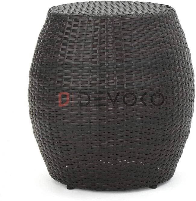 "Dark Brown Rattan Damru Accent Table for Patio, Lightweight & Sturdy"