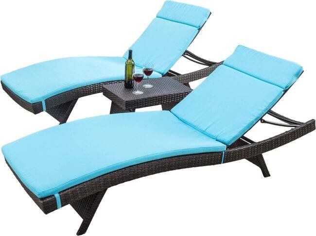 3-Piece Adjustable Rattan Wicker Chaise Lounge Set with Sky Blue Cushion (Dark Brown) - Image 7