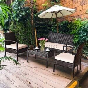 Outdoor Rattan Wicker Patio Furniture Set - Dark Brown/Cream