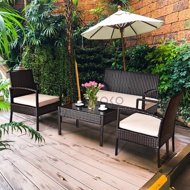 Outdoor Rattan Wicker Patio Furniture Set - Dark Brown/Cream