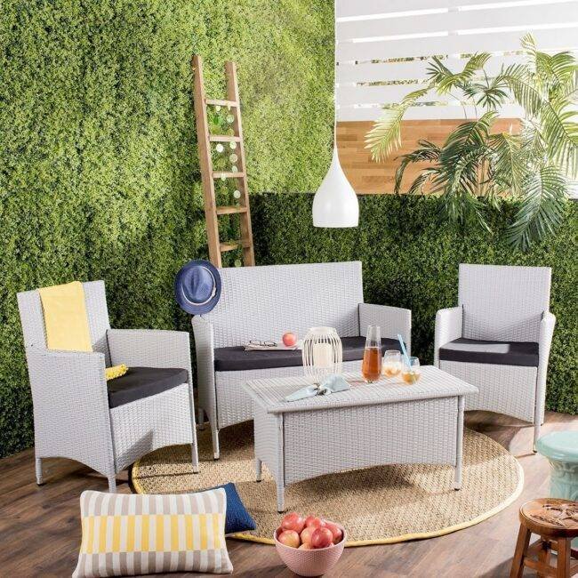 4-piece White & Black Rattan Patio Furniture Set with Cushions & Glass Table