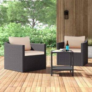 DEVOKO 3-Piece Outdoor Wicker Conversation Bistro Set(Black & Cream)