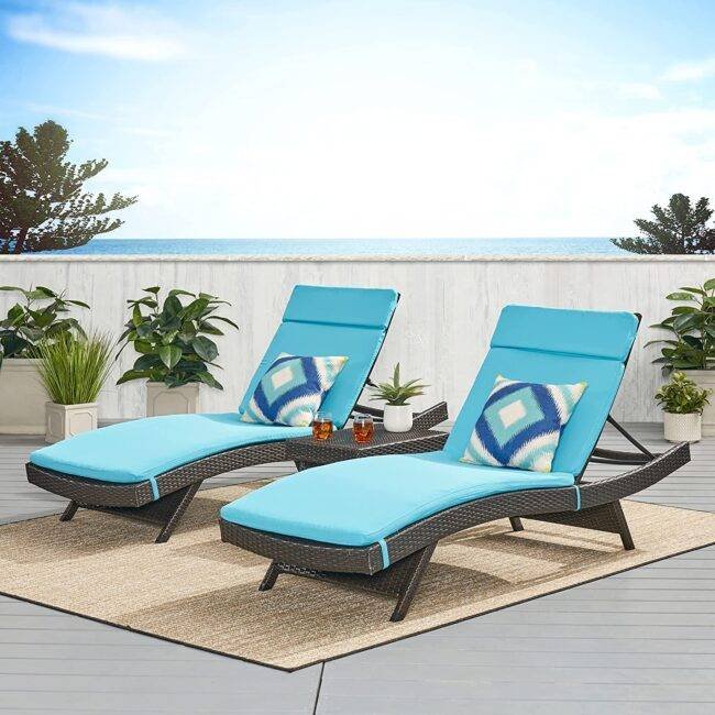 3-Piece Adjustable Rattan Wicker Chaise Lounge Set with Sky Blue Cushion (Dark Brown)