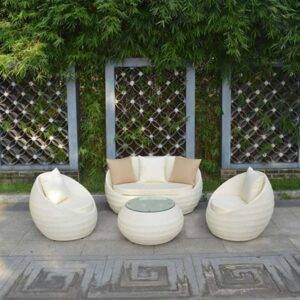 DEVOKO 4 Piece White Wicker Sofa Set Furniture With White Cushion