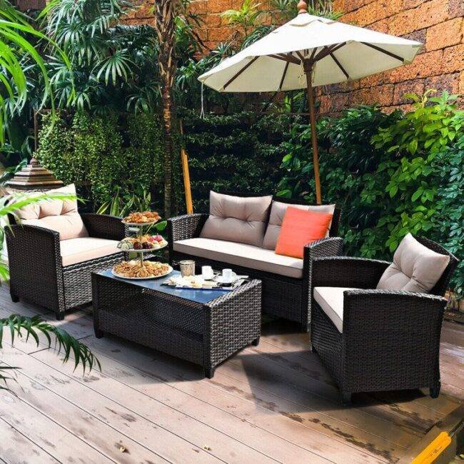 DEVOKO Outdoor Wicker Patio Sectional Sofa Set (Dark Brown & Cream)