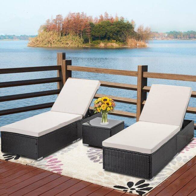 1 Pack Brown & Offwhite Adjustable Rattan Chaise Lounge - Poolside & Patio Chair