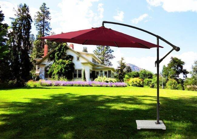 9 Ft Outdoor Offset Cantilever Patio Umbrella with Marble Base & Crank Handle for Backyard(Red)