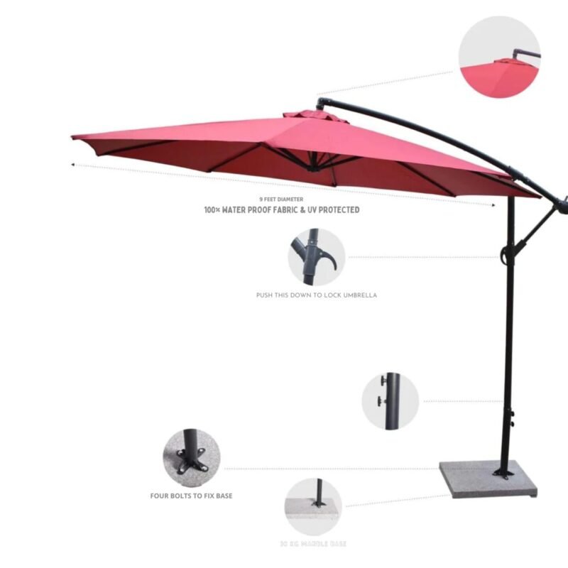 9 Ft Outdoor Offset Cantilever Patio Umbrella with Marble Base & Crank Handle for Backyard(Red) - Image 5