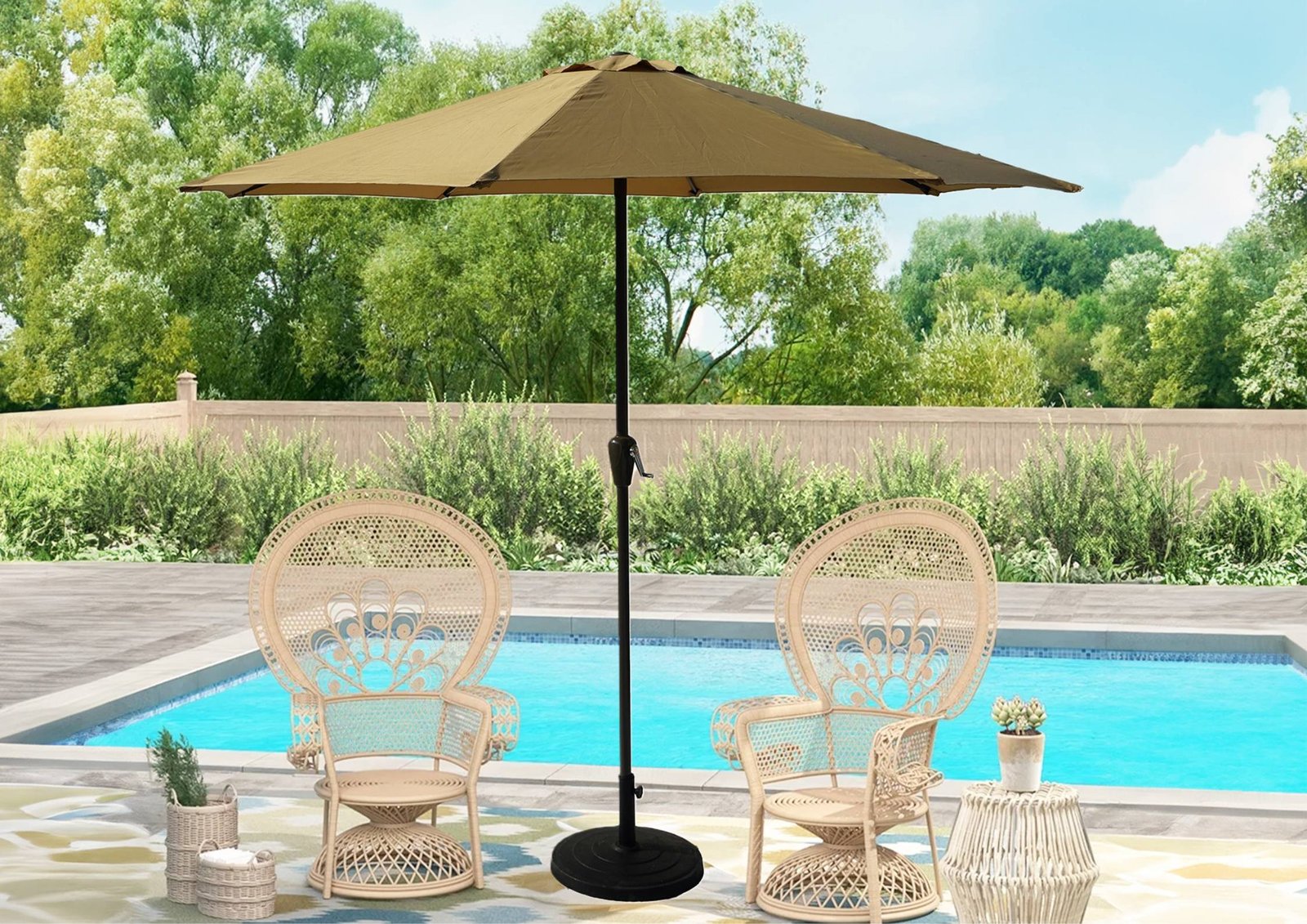 9ft Beige Color Outdoor Patio Umbrella UV-Resistant with Centre Pole Stand Ideal for Garden, Beach & Cafe